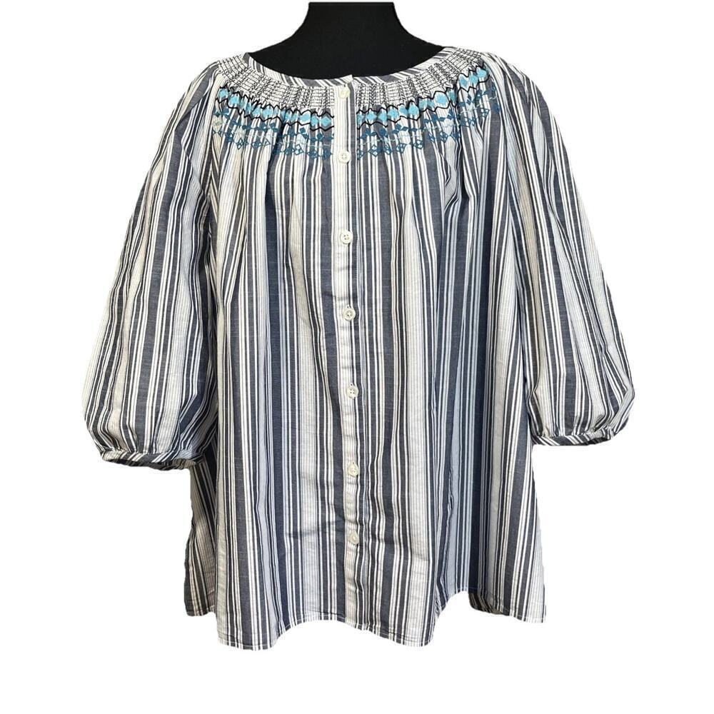 Catherines Embroidered Button Down Peasant Blouse Boho 1/2 Sleeve Size 3XP